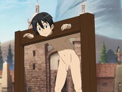 1boy aincrad black_hair humiliation kirigaya_kazuto kirito male male_only nipples nude outdoors penis pillory public restrained solo sword_art_online testicles