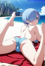 1girl ai ai-created ai_art ai_generated anime anime_character anime_girl anime_style ass ass_focus barefoot beach beach_towel bikini blue_eyes blue_sky blush day feet feet_up from_behind hair_ornament halterneck hentai legwear loking_back looking_at_viewer lying lying_on_stomach medium_breasts monokini nipples ocean palm_tree partially_visible_vulva re:zero_kara_hajimeru_isekai_seikatsu rem_(re:zero) sand shiny_skin short_hair side_tie_bikini_bottom smile soles solo spread_legs string_bikini topless untied_bikini water x_hair_ornament