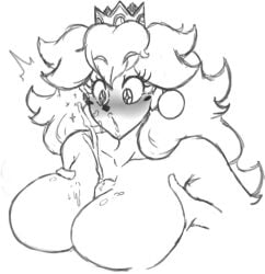 1girls 2022 2d big_breasts blush breast_grab breasts crown cum cum_on_breasts cumshot earrings ejaculation eyebrows_visible_through_hair female female_focus large_breasts long_hair mario_(series) monochrome nintendo open_mouth orgasm paizuri penis princess princess_peach princesskari simple_background white_background