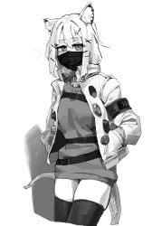 1girl a_tea animal_ear_fluff animal_ears arknights character_request commentary_request drooling gag gag_under_mask gagged highres jacket long_hair looking_at_viewer mask monochrome mouth_mask shibari shibari_under_clothes skindentation solo sweater tail thighhighs