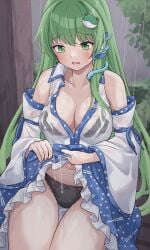 1girls bare_shoulders black_bra black_pantyhose blue_skirt bra bra_visible_through_clothes breasts cleavage collarbone collared_shirt cowboy_shot detached_sleeves eyelashes frilled_skirt frills frog_hair_ornament green_eyes green_hair hair_ornament kochiya_sanae large_breasts long_hair long_sleeves looking_down midriff navel nontraditional_miko outdoors panties pantyhose rain ramie_(ramie541) sanae_kochiya see-through_clothes see-through_shirt shirt single_sidelock sitting skirt snake_hair_ornament solo straight_hair thick_thighs thigh_gap thighs touhou tree tsurime underwear very_long_hair water_drop wet wet_clothes wet_shirt wet_skirt white_shirt white_sleeves wide_sleeves wringing_clothes