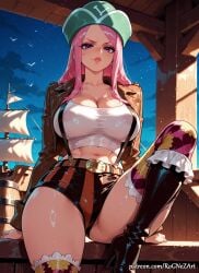 1girl 2026 ai_generated anime belt black_footwear boobs boots breasts cleavage collarbone covered_nipples crop_top crossover eye_contact female female_focus female_only hat high_heel_boots high_heels highres huge_breasts jacket jewelry_bonney large_breasts long_hair looking_at_viewer midriff navel nsfw one_piece open_clothes open_jacket outdoors parted_lips patreon patreon_username pink_hair purple_eyes rognezart short_shorts shorts sitting sky solo suspenders thick_thighs thighhighs thighs very_long_hair watermark