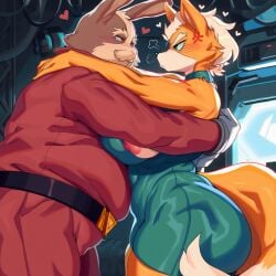 1boy 1girls ai_generated anthro ass big_ass big_breasts breasts butt chubby_male clothing fat_male fox fox_mccloud fox_tail looking_at_another old_male peppy_hare pink_nipples sports_uniform star_fox trevv