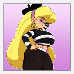 1girls beret big_breasts blonde_female blonde_hair breasts female jellot long_hair necklace nova_(stewsspicyblog) one_eye_closed original original_character solo solo_female solo_focus striped_shirt thump wink