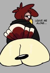 1boy angry angry_expression angry_eyes angry_face big_ass big_butt bubble_ass bubble_butt dumptruck_ass dumptruck_butt english_text fur furry half-closed_eyes hoodie huge_ass huge_butt looking_back massive_ass massive_butt miitopia multicolored_body multicolored_skin multicolored_tail no_bottoms oc presenting presenting_ass presenting_butt red_body red_skin ribznsfw sitting text turkey turkey_tom twerkey white_body white_skin