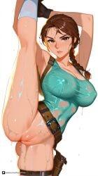 1girl ai_generated armpits arms_up artist_name belt black_gloves blush bottomless braid breasts brown_eyes brown_hair cleavage covered_nipples explicit fingerless_gloves flexible gloves hair_over_shoulder holster holstered_weapon kneepits lara_croft large_breasts leg_lift leg_up leotard lips long_hair looking_at_viewer patreon pussy simple_background single_braid socks solo split standing standing_on_one_leg standing_split sweat thigh_holster thighs tomb_raider uncensored weapon wet wet_clothes white_background