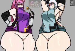2girls angry angry_expression arc_system_works armpits big_ass big_butt blazblue breasts clothed clothing down_view female female/female hand_on_hip hands_behind_head huge_ass huge_butt kokonoe lollipop looking_at_viewer no_bottoms nu-13 presenting presenting_pussy presenting_vagina pussy ribznsfw smile smiling standing thick thick_ass thick_butt thick_hips thick_legs thick_thighs vagina