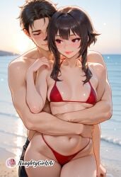 1boy 1girl ai_generated beach bikini black_hair blush breasts brown_hair closed_mouth collarbone couple hetero hug hug_from_behind kono_subarashii_sekai_ni_shukufuku_wo! konosuba looking_at_another megumin naughtygirlsai navel ocean outdoors red_bikini red_eyes short_hair short_hair_with_long_locks sidelocks small_breasts smile swimsuit witch_hat