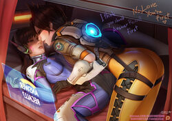 <3 2girls ass badcompzero bodysuit bomber_jacket brown_hair call clothed covered_breasts d.va earrings english_text female fully_clothed gloves headphones imminent_kiss jacket leaning_forward leaning_over long_hair looking_at_partner overwatch romantic sensual short_hair skin_tight softcore spread_legs tagme text tracer whisker_markings yuri