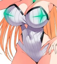1girl armpits black_trim blonde_hair breasts casual_one-piece_swimsuit chest_jewel cleavage clothing_cutout hand_on_own_hip hip_vent i_am_anddo jewelry large_breasts long_hair mythra mythra_(radiant_beach)_(xenoblade) mythra_(xenoblade) one-piece_swimsuit pinstripe_one-piece_swimsuit ribbed_swimsuit solo strapless strapless_one-piece_swimsuit swimsuit very_long_hair white_background white_one-piece_swimsuit xenoblade_(series) xenoblade_chronicles_(series) xenoblade_chronicles_2