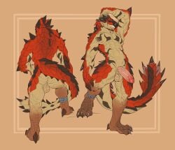 2021 abs absurd_res anklet anthro anthrofied arm_spikes backsack balls biceps blue_eyes brown_body brown_claws brown_scales butt capcom claws detailed detailed_scales elbow_spikes erection fan_character flying_wyvern foreskin front_view gem genitals grin hand_on_hip hand_over_head head_spikes heel_claw hi_res humanoid_genitalia humanoid_penis javkiller jewelry leg_markings leo_(lieutenantskittles) male male_anthro markings model_sheet monster_hunter muscular muscular_male natural_armor nose_spike nude pecs penis plantigrade pose quads rath_wyvern rathalos rear_view red_body red_scales retracted_foreskin saggy_balls sapphire_(gem) scales scalie sharp_teeth shoulder_spikes simple_background smile socks_(marking) solo spiked_tail spikes spikes_(anatomy) step_pose tail tan_background tan_body tan_scales teeth