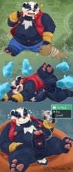 2025 96panda absurd_res anal anthro badger balls belly big_belly big_penis black_nose blue_eyes blush bodily_fluids bottomwear bradley_(bradley_the_badger) bradley_the_badger_(game) clothing cum ejaculation erection eyes_closed genital_fluids genitals heart_symbol hi_res humanoid_genitalia humanoid_hands humanoid_penis kemono male male/male mammal moobs mustelid musteline navel nipples pants penis penis_size_difference scared sex sitting small_penis solo_focus sweat urine