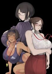 3girls arm_support arm_under_breasts ass bakunyuu bare_shoulders big_breasts black_hair blazer blue_one-piece_swimsuit blunt_bangs blunt_ends blush bob_cut breasts brown_hair busty center_frills cleavage collared_shirt curvaceous curves curvy curvy_body curvy_female curvy_figure dark-skinned_female dark_skin earrings female female_focus frills goggles goggles_on_head grace_(puzenketsu) gym_teacher hair_bun huge_breasts id_card jacket jewelry large_breasts long_skirt mature mature_female milf mole mole_under_mouth multiple_females multiple_girls namhorm_(puzenketsu) nodo one-piece_swimsuit one_eye_closed open_mouth original parted_bangs pinstripe_jacket pinstripe_pattern principal purple_eyes puzenketsu red_skirt shirt short_hair sidelocks simple_background single_hair_bun skirt sleeveless sleeveless_shirt sweat swimming_goggles swimsuit teacher tomboy very_short_hair voluptuous waan_(puzenketsu) whistle whistle_around_neck white_background