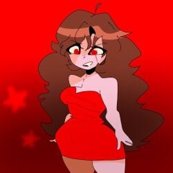 1girl 1girls brown_hair brunette curvy curvy_body curvy_female curvy_figure dress friday_night_funkin girlfriend_(demon_form) girlfriend_(friday_night_funkin) laurence_loll long_hair medium_breasts purple_skin red_dress red_eyes solo solo_female source_request