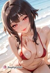 1girl ai_generated arm_between_breasts beach between_breasts bikini blush breasts brown_hair collarbone hand_on_own_chest kono_subarashii_sekai_ni_shukufuku_wo! konosuba lips looking_at_viewer medium_breasts megumin naughtygirlsai navel outdoors red_bikini red_eyes short_hair short_hair_with_long_locks sidelocks sitting skindentation smile solo swimsuit witch_hat