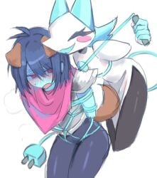 artist_request blush bondage clothed clothing deltarune dog_boy dog_ears dogboy female femdom flat_chest kris_(dark_world_form) kris_(deltarune) no_penetration tasque_manager_(deltarune) tied_up