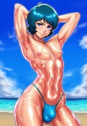 1boy ai_generated androgynous armpits arms_behind_head beach blue_hair blue_sky bulge erect_nipples exhibitionism femboy girly gundam highleg_thong kamille_bidan muscular navel outdoors shiny_skin short_hair showing_off sissy slutty slutty_male swimwear toned trap water wet_skin wide_hips zeta_gundam