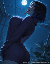 1girl ai_generated ass black_hair blue_eyes blush breasts dress forked_tongue from_side full_moon heart heart-shaped_pupils indoors large_breasts long_sleeves long_tongue moon moonlight night night_sky nyx_x open_mouth ribbed_sweater saliva sensitive short_hair sky solo star_(sky) sweater sweater_dress symbol-shaped_pupils teeth tongue tongue_out trembling turtleneck turtleneck_sweater window