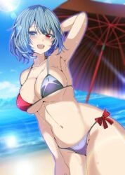 1girl 1girls armpits arms_up beach beach_background beach_umbrella big_breasts bikini blue_eyes blue_hair droplets fang fangs hand_behind_head hand_on_thigh heterochromia karakasa_obake kitaura_kasumi kogasa_tatara multicolored_bikini multicolored_bikini_top red_eyes smile tagme thighs touhou umbrella wet wet_body wide_hips wide_thighs