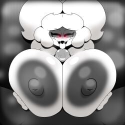 big_breasts black_and_white boobjob boobs_focus bread bread_girl breadna_(tkd) breast_focus breast_squeeze breasts chubby chubby_female food food_creature food_girl food_humanoid freckles glowing_eyes huge_areolae huge_breasts monochrome no_color pov saliva saliva_trail seductive seductive_look smile steam steaming_body steamy_breath thick_thighs titjob tkd twintails