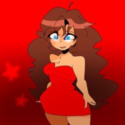 1girl 1girls blue_eyes brown_hair brunette curvy curvy_body curvy_female curvy_figure dress friday_night_funkin girlfriend_(friday_night_funkin) laurence_loll long_hair medium_breasts red_dress solo solo_female source_request