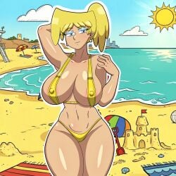 1girls alternate_hairstyle beach bikini blonde_female blonde_hair blue_eyes blue_eyeshadow breasts earrings eyeshadow female female_focus female_only front_view golden_bikini golden_panties half-closed_eyes indoors large_breasts leon_pazchowder light-skinned_female light_skin looking_at_viewer lori_loud nickelodeon nicktoons outdoors panties ponytail short_hair smile solo solo_female solo_focus standing teenage_girl teenager the_loud_house thick thick_thighs