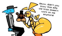 animatronic animatronic_female beakless big_ass chicken chicken_girl dialogue female five_nights_at_freddy's five_nights_at_freddy's_2 five_nights_at_frickbears fnaf freddy_mask_(fnaf) nanodude78 nightguard phasianid robot robot_girl scottgames toy_chica_(fnaf) yellow yellow_skin