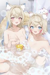 2girls artist_request bath boobs breasts bubble bubble_bath bubbles cleavage dog_ears dog_girl dog_tail fuwamoco fuwawa_abyssgard hololive hololive_english hololive_english_-advent- large_breasts long_hair looking_at_viewer mococo_abyssgard naked nude short_hair small_breasts smile smiling smiling_at_viewer tail virtual_youtuber vtuber water