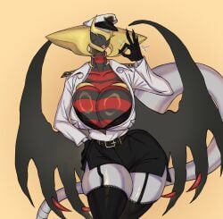 1girls big_breasts cleavage giratina huge_breasts large_breasts legendary_pokemon looking_at_viewer pokemon pokemon_(species) skirt thick_thighs toufucoo wings