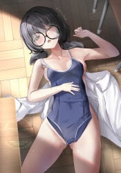 bare_shoulders black-framed_eyewear black_eyes black_hair blue_one-piece_swimsuit blush breasts collarbone commentary_request convenient_censoring covered_navel covering_breasts covering_crotch covering_privates groin hair_ornament hairclip highres looking_at_viewer lying medium_breasts medium_hair natuna_natu nude on_floor one-piece_swimsuit one_eye_closed open_mouth original pussy_juice school_swimsuit shirt short_twintails sideboob swimsuit twintails twitter_username unworn_shirt watermark white_shirt