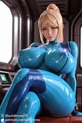 ai_generated big_breasts blonde_hair blue_eyes breasts_bigger_than_head crossed_legs fanart female female_focus female_only metroid nipple_bulge nipples ponytail samus_aran sitting stable_diffusion thick_thighs winterzone zero_suit zero_suit_samus
