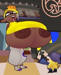 2girls anthro areola_slip areolae beanie blonde_hair breasts cephalopod cephalopod_humanoid dark-skinned_female dark_skin female female_focus female_only frye_(splatoon) hyper hyper_breasts inkling inkling_girl large_breasts nintendo nipple_slip nipples smaller_female splatoon splatoon_3 taller_female teaset_haliley tentacle_hair underboob