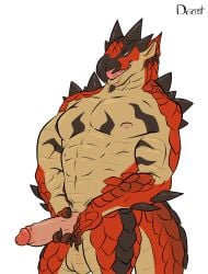 2021 abs absurd_res anthro anthrofied arm_spikes balls bedroom_eyes biceps capcom chin_spikes doost ear_spikes erection facial_spikes fan_character flying_wyvern front_view genitals head_spikes hi_res holding_penis humanoid_genitalia humanoid_penis leo_(lieutenantskittles) licking licking_lips licking_own_lips looking_at_viewer male male_anthro monster_hunter muscular muscular_male narrowed_eyes nipples nude pecs penis pointy_ears portrait presenting presenting_penis rath_wyvern rathalos red_body red_scales scales scalie seductive shoulder_spikes simple_background solo spikes spikes_(anatomy) standing three-quarter_portrait tongue tongue_out white_background