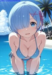 1girl ai ai-created ai_art ai_generated anime anime_character anime_girl anime_style beach bikini blue_eyes blue_sky cleavage cloud day hair_over_one_eye halterneck hentai leaning_forward looking_at_viewer medium_breasts ocean open_mouth outdoors outside palm_tree re:zero_kara_hajimeru_isekai_seikatsu rem_(re:zero) ribbon short_hair side_tie_bikini_bottom smile solo string_bikini sunlight swimsuit wading water wet x_hair_ornament