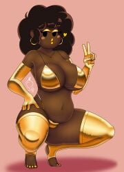 1girls afro alternate_version_available belly belly_button big_breasts black_body black_eyes black_hair bra breasts carol_(bbpanzu) earrings female female_focus female_only friday_night_funkin friday_night_funkin_mod gold_bikini gold_jewelry golden_bikini golden_earrings golden_gloves kiss kneeling legs legwear makeup painted_nails panties peace_sign reypan squatting yellow_lipstick