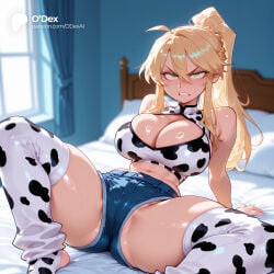 1girl 1girls absurd_res absurdres ahoge ai_generated angry animal_print arm_support artoria_pendragon ass bare_shoulders bed big_ass big_breasts blonde_hair blue_shorts blurred_background blurry blurry_background blush braid breasts cartoon cartoony cleavage cleavage_cutout clenched_teeth clothing_cutout cow_print crop_top denim denim_shorts depth_of_field fate/grand_order fate/hollow_ataraxia fate/stay_night fate/zero fate_(series) female female_focus french_braid green_eyes hair_between_eyes hi_res high_quality high_resolution highres indoors large_ass large_breasts leaning_back long_hair looking_at_viewer micro_shorts midriff navel odexai on_bed pillow ponytail print_thighhighs saber short_shorts shorts sidelocks sitting sleeveless small_waist solo solo_focus spread_legs stirrup_legwear straight teeth thick_thighs thighhighs thighs thin_waist toeless_legwear white_thighhighs wide_hips window