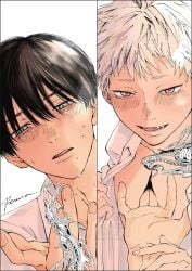 2boys black_hair color hikaru_ga_shinda_natsu hikaru_indou hole_in_chest male/male monster_boy the_summer_hikaru_died white_hair wound_fingering yaoi yoshiki_tsujinaka