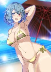 1girl 1girls armpits arms_up beach beach_background beach_umbrella big_breasts bikini blue_eyes blue_hair droplets fang fangs golden_bikini hand_behind_head hand_on_thigh heterochromia karakasa_obake kitaura_kasumi kogasa_tatara red_eyes smile source_request tagme thighs touhou umbrella wet wet_body wide_hips wide_thighs youkai