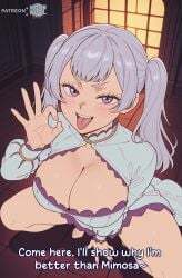 ai_assisted ai_generated barefoot big_breasts black_clover blowjob_gesture breasts caption clothed clothed_female comic comic_page curvy curvy_body curvy_female feet fellatio_gesture female female_focus female_only huge_breasts large_breasts legs legs_apart legs_spread looking_at_viewer moonwool_branch noelle_silva open_mouth purple_eyes seductive seductive_eyes seductive_look seductive_mouth seductive_pose seductive_smile silver_hair smile smiling solo solo_female solo_focus spread_legs squatting talking talking_to_viewer thick_ass thick_thighs thighs tongue tongue_out twintails uncensored white_hair