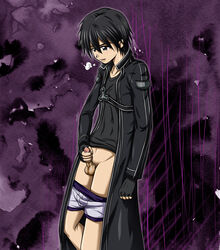 1boy aincrad black_hair gloves kirigaya_kazuto kirito male male_only masturbation solo sword_art_online tagme underwear undressing