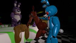 3boys 3d 3d_(artwork) anal anal_sex animatronic anthro ass balls big_ass bonnie_(fnaf) five_nights_at_freddy's fox foxy_(fnaf) furry male male/male male_penetrating_male masturbation penis source_filmmaker toy_bonnie_(fnaf) vodka777