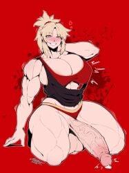 abs anguriask balls ballsack biceps blonde_hair breasts breasts_bigger_than_head brushing_hair cleavage cock covered_breasts cum cum_leaking fate_(series) flaccid flaccid_penis futa_cock futa_cum futa_only futanari futanarization green_eyes horny horny_futa huge_balls huge_biceps huge_breasts huge_cock huge_testicles looking_at_viewer mordred_(fate) muscle_mommy muscular muscular_arms muscular_futa muscular_futanari muscular_thighs nipple_outline penis smiling smiling_at_viewer solo spread_legs testicles veiny_penis