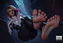 1girls ai_generated asymmetrical_hair barefoot blonde_hair blue_eyes bodysuit breasts eyebrow_piercing feet foot_focus gradient_hair gwen_stacy hood hooded_bodysuit large_breasts looking_at_viewer marvel multicolored_hair parted_lips philon pink_hair short_hair silk skin_tight smile soles solo spider-gwen spider-man:_into_the_spider-verse spider_web stable_diffusion toes undercut