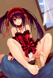 absurdres barefoot black_hair curtains date_a_live dress erection femdom footjob heterochromia lolita_headband panties penis red_eyes smile straight tokisaki_kurumi window xiao_miao yellow_eyes