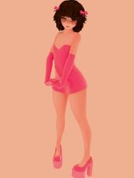 bows brown_hair evil_morgundy_(morgundy) femboy gloves gray_eyes heels latex latex_dress latex_gloves morgundy_(artist) pink_eyes pink_latex pink_lipstick pumps