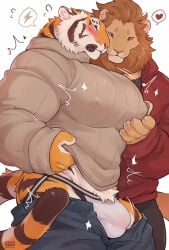 absurd_res anthro anthro_on_anthro balls_outline big_muscles big_pecs blush bottomwear bulge clothed clothing detailed_bulge duo eyes_closed felid gay gay_male genital_outline giraffe_(artist) hi_res huge_pecs jockstrap lam-chan lion lion-san male male/male male_anthro mammal mane muscular muscular_anthro muscular_male nipple_outline nipples open_bottomwear open_clothing open_pants pantherine pants pec_grab pecs penis_outline simple_background sweater tiger topwear turtleneck underwear white_background yaoi