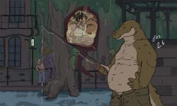 2026 alligator alligatorid anthro anthro_prey anus balls belly black_body black_fur bottomwear brick brick_building brick_wall brown_hair butt city claws clothed clothing colored crocodilian curled_up duo eyes_closed feet felid fishing fishing_rod forest_background fur genitals green_body green_tail group hair hand_on_hip hi_res holding_fishing_rod holding_object humanoid_genitalia humanoid_penis inside_stomach internal jeri_kleinlowe larger_pred male male/male male_pred male_prey mammal musclegut muscular navel nipples nude_prey open_bottomwear open_clothing open_pants orange_body orange_fur outside pantherine pants penis penis_against_cheek perineum pink_anus pink_penis plant reptile scalie sharp_teeth signature size_difference smile standing street_lamp striped_body striped_fur stripes swamp tail teeth tiger tree vore wall_(structure) water white_balls white_body white_fur white_perineum willing_pred window