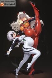 ai_generated asuka_langley_sohryu_(cosplay) black_blindfold blindfold blue_eyes breasts cosplay female large_breasts leg_raise navel neon_genesis_evangelion nier:_automata nipple_outline nipples plugsuit pregnant rei_ayanami_(cosplay) sfw spread_legs waifu4u2 white_hair yorha_2b yorha_a2