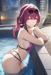 1girls ai_generated big_ass big_breasts big_butt big_thighs bikini city city_background female female_focus female_only honkai:_star_rail hoyoverse kafka_(honkai:_star_rail) looking_at_viewer lunealter mature mature_female mihoyo night pale-skinned_female pale_skin partially_clothed pool purple_bikini purple_eyes purple_hair sfw thick_ass thick_butt thick_legs thick_thighs