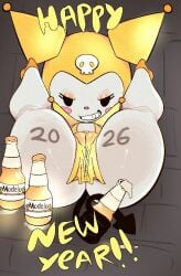 2026 anthro ass beer_bottle big_butt black_eyes black_tail blush blush_stickers body_writing bottle camel_toe clothed clothed_anthro clothed_female clothing container demon english_text exclamation_point eyelashes female female_anthro fur glistening_eyeshadow gold_eyeshadow gold_headgear gold_headwear golden_clothing golden_high_heels grin half-closed_eyes headgear headwear holding_object_with_tail holidays hood kuromi lagomorph leporid looking_at_viewer mammal meweeze modelo_(beer) narrowed_eyes new_year onegai_my_melody pink_blush pink_nose print_clothing print_headgear print_headwear print_hood rabbit round_nose sanrio skull_print smile smug_grin solo spade_tail tail text thick_thighs white_body white_butt white_fur wide_hipped_anthro wide_hipped_female wide_hips writing_on_thigh yellow_text